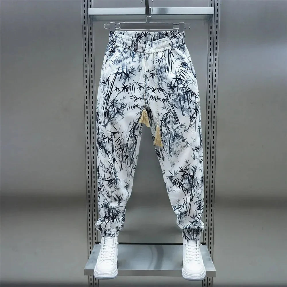 Men's summer harem pants in black and milky white colors, made from lightweight and breathable ice silk fabric