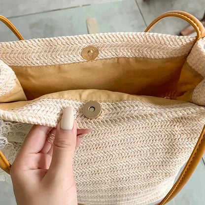 Bohemian straw woven shoulder bag in beige color, featuring a secure hasp closure and a lightweight, durable design for summer adventures.