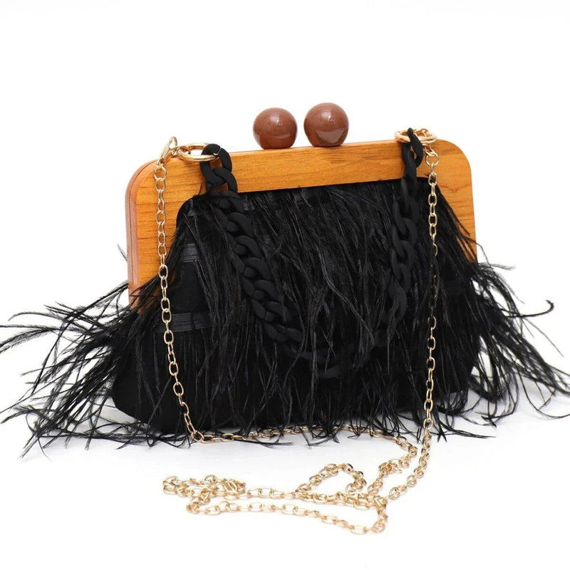 Shopfluxpro NZ Elegant Feather Evening Clutch with Sleek Acrylic Chain