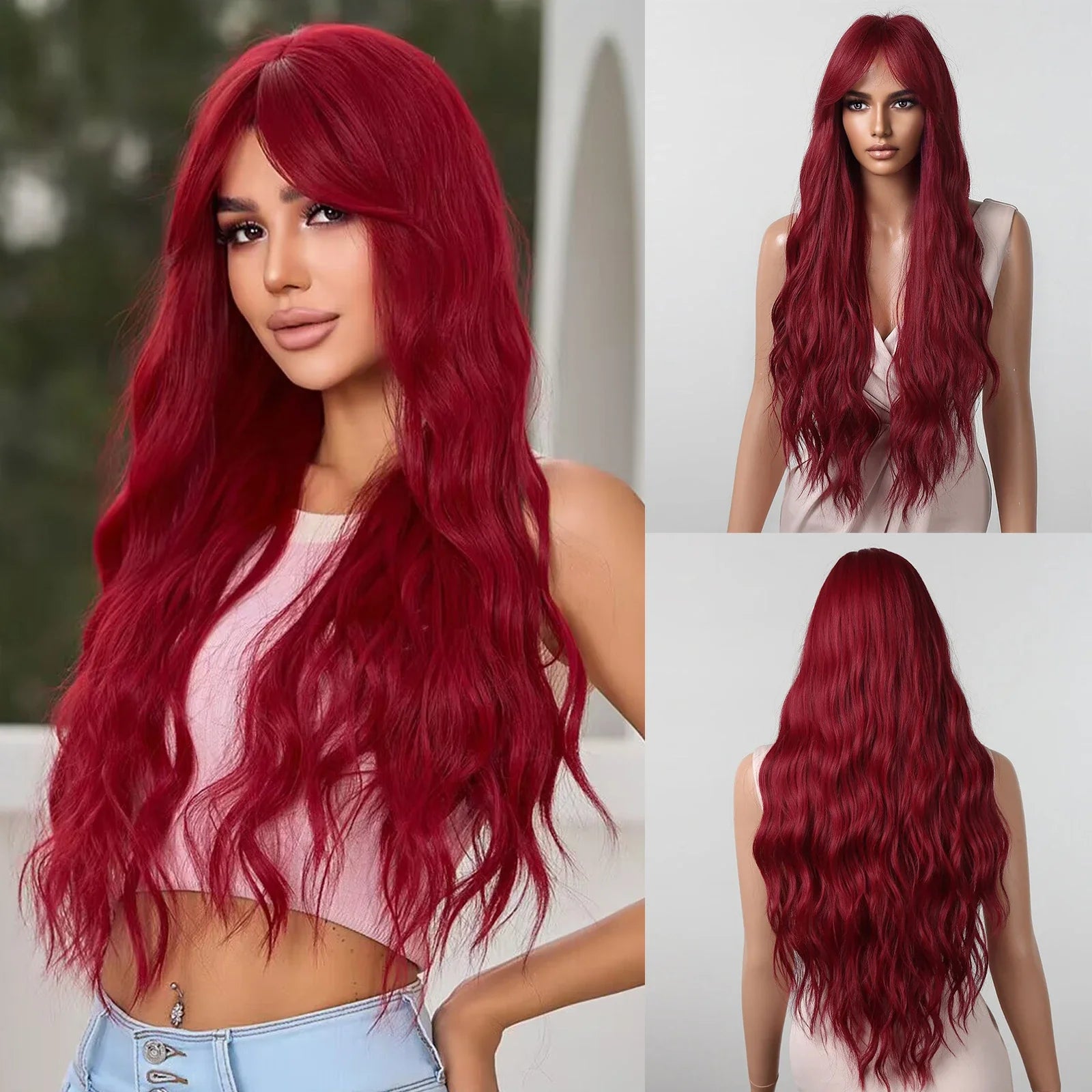 A vibrant rose red long curly wig with big, beautiful waves made with high-quality heat-resistant fibers for a captivating look.