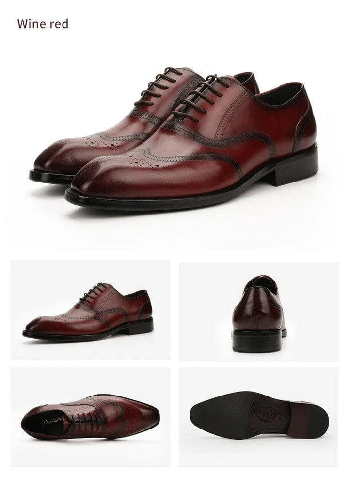Stylish men's leather dress shoes with engraved pattern and retro-inspired square toe design