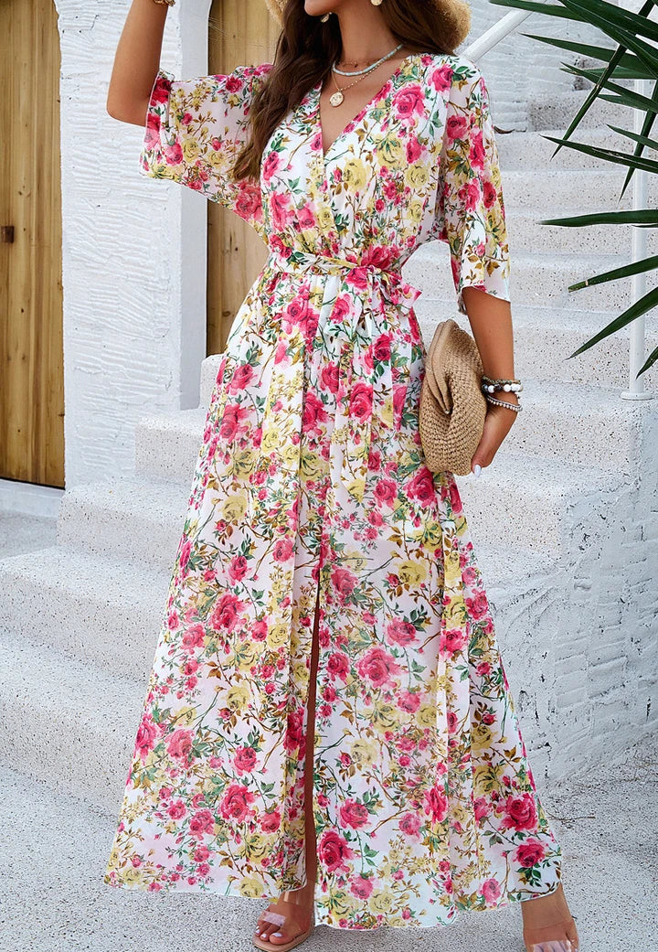 Stylish V-Neck Printed Dress with Cinched Waist, Ankle-Length, and Versatile Design