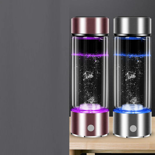 Stainless steel water bottle with blue color and one-touch lid, filled with hydrogen-rich water