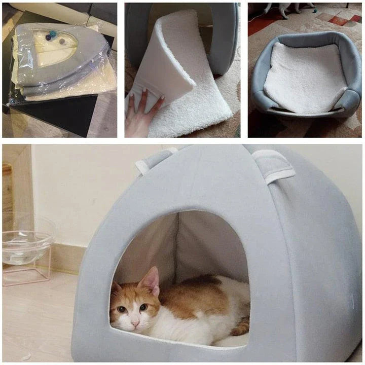 Cosy and foldable cat bed with interactive ball toy, available in a range of stylish colours to match your home decor