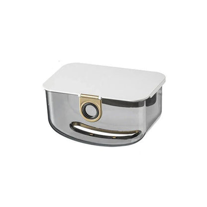 A modern, grey wall-mounted tissue dispenser with a sleek, stylish design to keep tissues and face towels organised in the bathroom or kitchen.