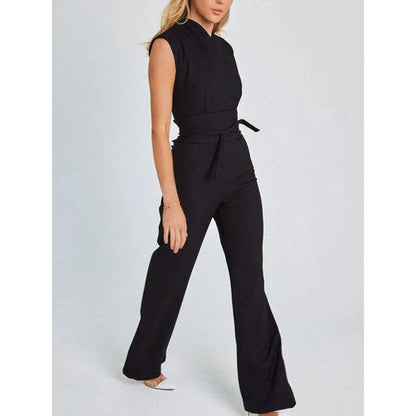 Elegant V-Neck Sleeveless Wide-Leg Jumpsuit in Khaki color, featuring a high-waist silhouette and lace-up detail for a refined, versatile look.