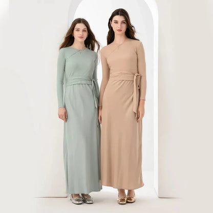 Elegant high-stretch ribbed wrap top and matte satin maxi dress set in a range of colours