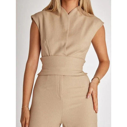 Elegant V-Neck Sleeveless Wide-Leg Jumpsuit in Khaki color, featuring a high-waist silhouette and lace-up detail for a refined, versatile look.