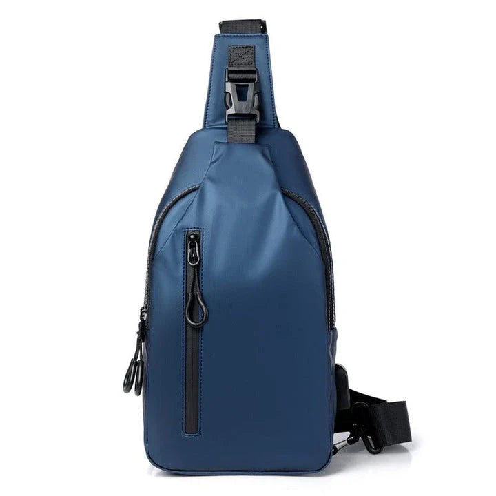 Eco-friendly sling backpack in blue, black, and grey colours with adjustable strap for hands-free wear