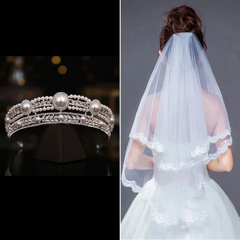 Elegant pearl crown and veil set with intricate silver or gold plated alloy design and sparkling crystal accents, perfect for a fairytale wedding day