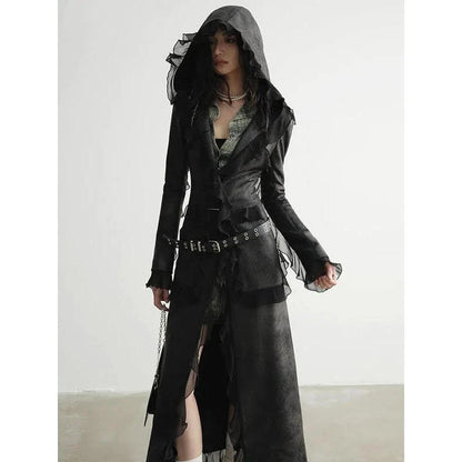 Stylish long sleeve hooded suede and PU leather overcoat for women, featuring a unique mesh patchwork design and single-breasted cut