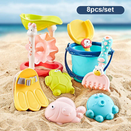 Colourful beach toy set with shovels, sand moulds, and a carry bag for Kiwi kids to enjoy outdoor play and exploration during the summer