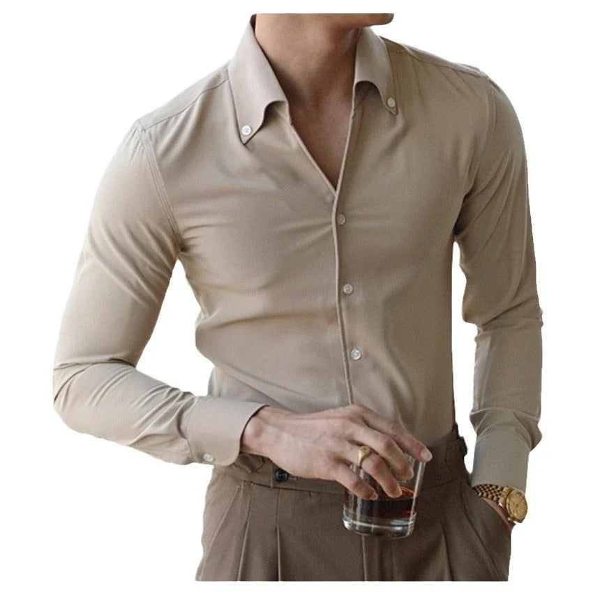 A stylish and versatile Italian-collared shirt for young New Zealand men, made from high-quality polyester fabric.