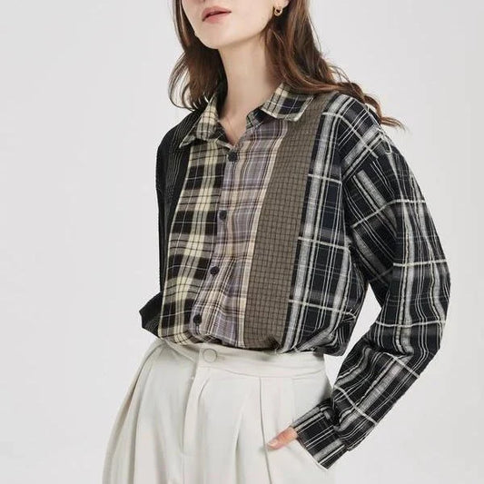 Patchwork Plaid Shirt with Unique Design, Soft Cotton Fabric, and Comfortable Fit