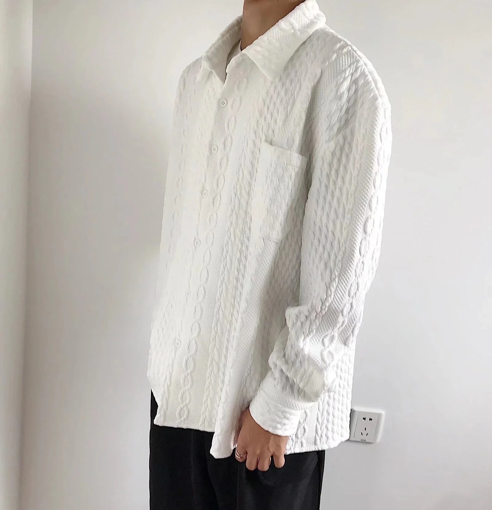 A relaxed-fit, long-sleeve men's shirt featuring a stylish Japanese-inspired hemp pattern in a versatile white color