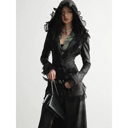 Stylish long sleeve hooded suede and PU leather overcoat for women, featuring a unique mesh patchwork design and single-breasted cut