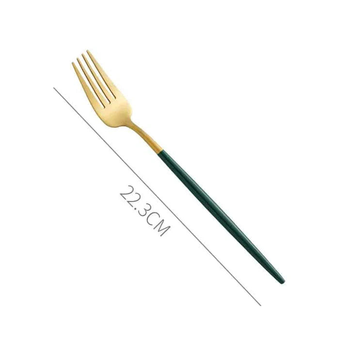 A set of eco-friendly, minimalist tableware in green and gold colors, suitable for 4 diners in a New Zealand home.