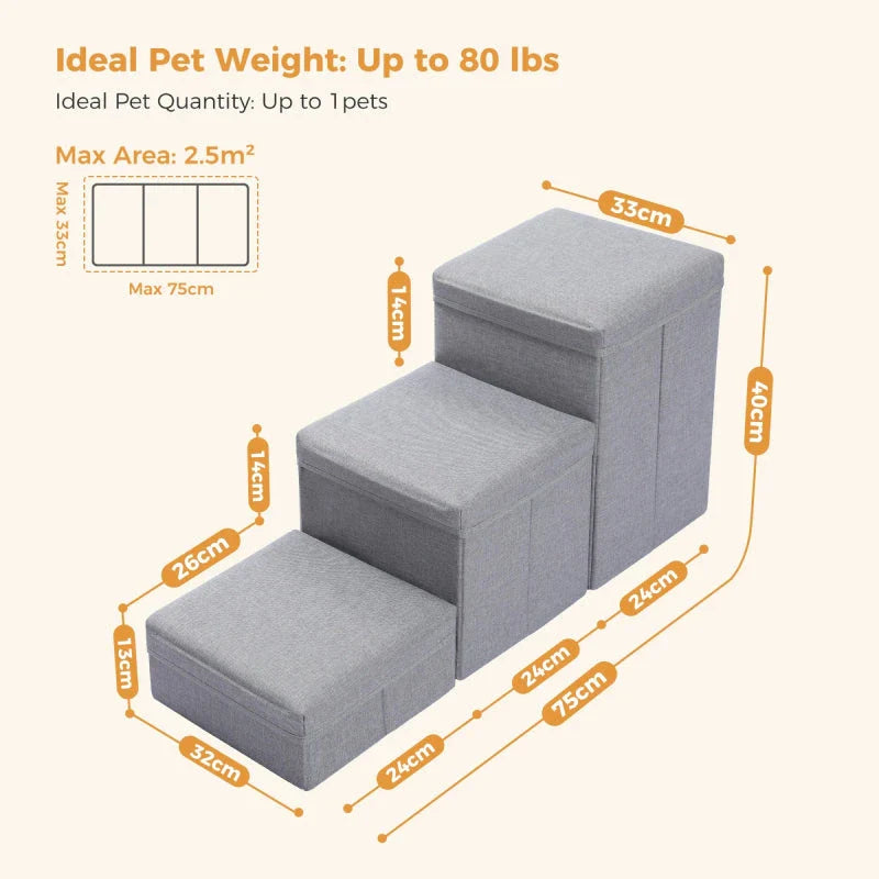 A foldable 2-in-1 pet ladder with a storage compartment, designed for dogs and puppies to safely access high places in the home.