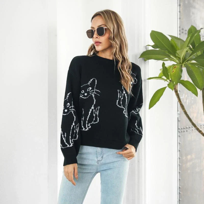 Relaxed-fit women's pullover sweater with cozy cat brocade pattern, perfect for autumn and winter in New Zealand