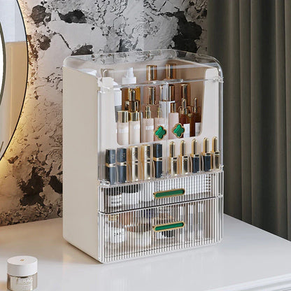 Large white makeup organizer drawer with transparent cover, storing various cosmetic products and accessories