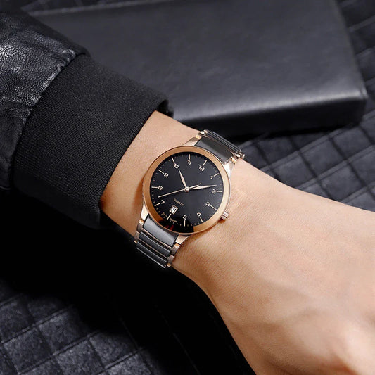 Stylish digital scale and calendar watch in rose gold, featuring a sleek ceramic design and mineral-reinforced glass mirror surface for the modern Kiwi lifestyle.