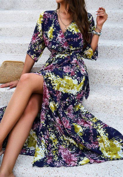 Stylish V-Neck Printed Dress with Cinched Waist, Ankle-Length, and Versatile Design