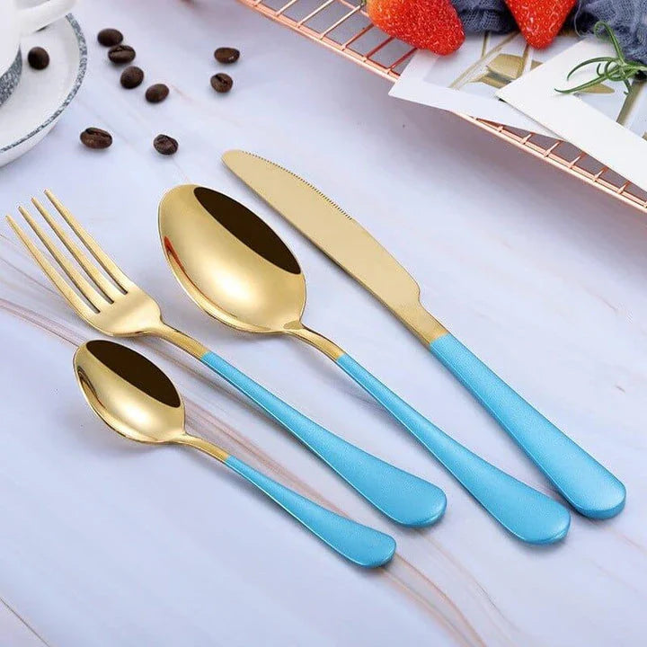 Eco-Friendly Stainless Steel Tableware Set - 4 Piece Collection with Knife, Fork, Spoon, and Tea Spoon