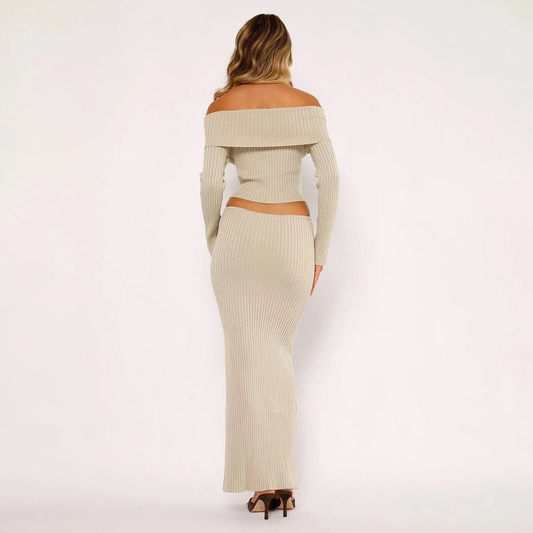 Elegant off-shoulder knitted women's suit with long sleeve top and long skirt in beige color