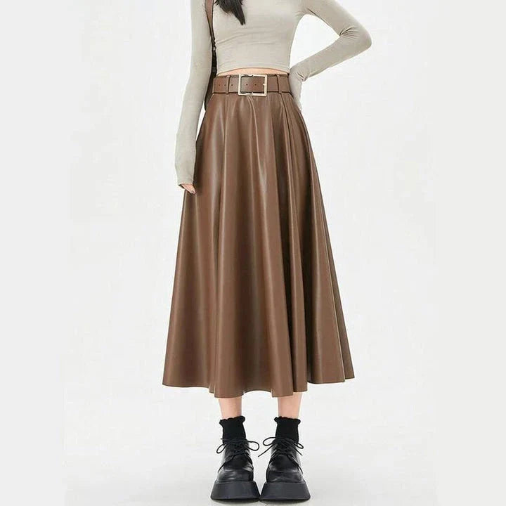 Elegant high-waist faux leather skirt with stylish belt, perfect for office or casual wear