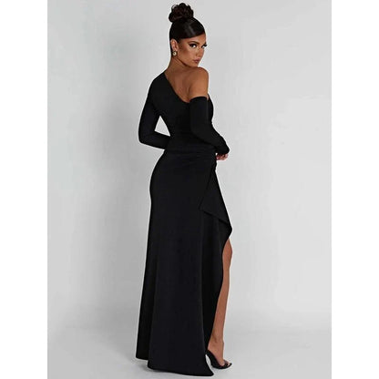 Elegant thigh-high split maxi dress with oblique shoulder design for sophisticated evening events