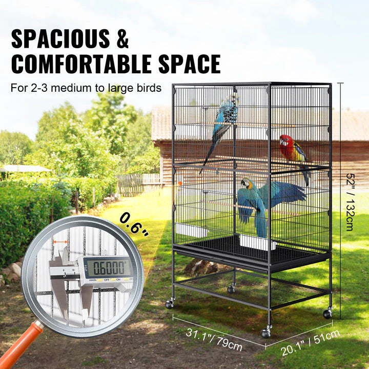 Spacious and secure large bird cage made of durable carbon steel with lockable wheels for easy mobility