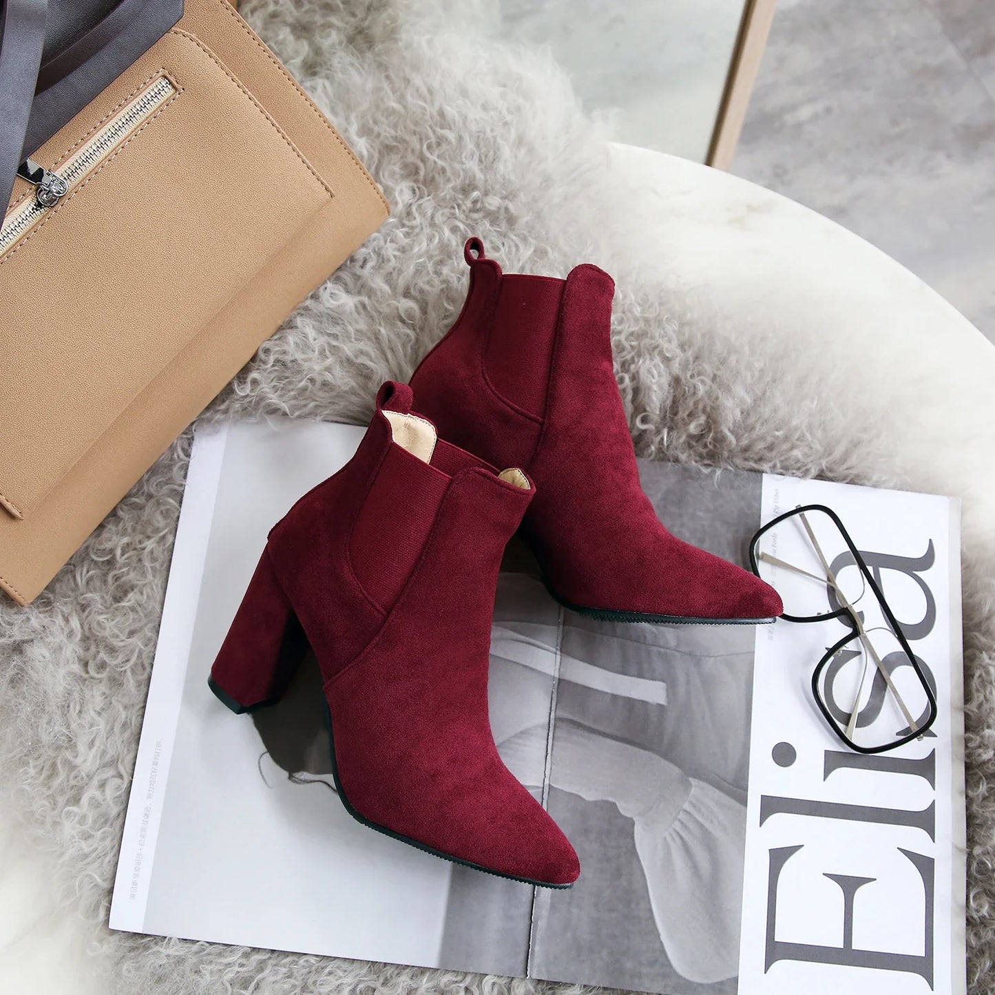 Stylish frosted booties with pointed toe and rubber sole, perfect for everyday wear in New Zealand