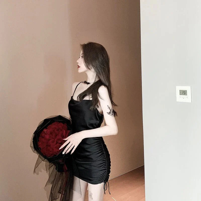 Retro-inspired sleeveless dress with suspender details, made from soft rabbit fur fabric in a range of colors.