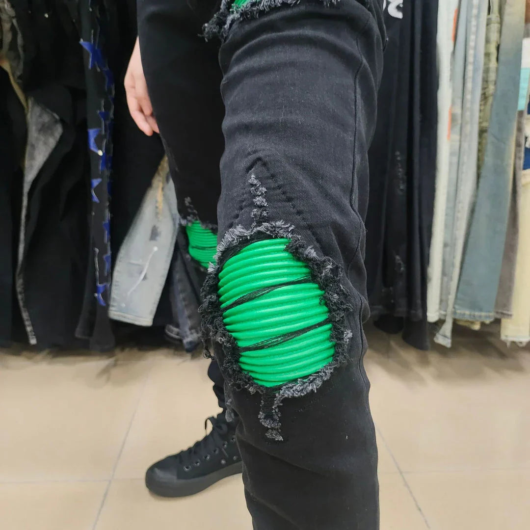 Men's Black Ripped Jeans with Green Patchwork Sustainable Fashion Design