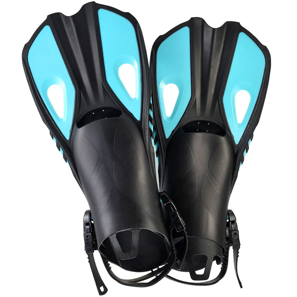 Adjustable Travel Snorkel Fins in different colours, designed for comfort, performance, and versatility in the water.