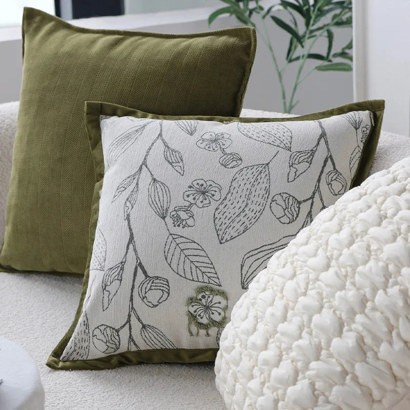 Cream Green Jacquard Cushion Cover - Decorative 45x45cm Pillow for Living Room, Bedroom, and Vehicle Decor