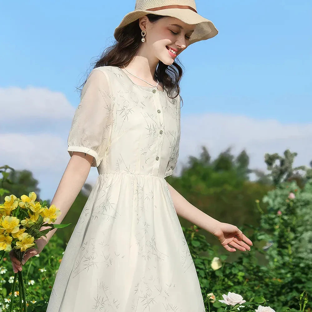 Elegant floral print French-inspired summer dress with square neckline and short sleeves for Kiwi women