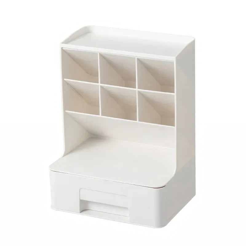 Stylish white desk organiser with compartments for pens, pencils, and other stationery items