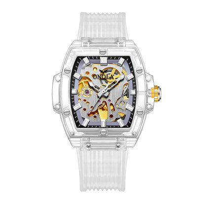 Trendha Skeleton Automatic Watch with Silicone Strap in Transparent White and Red