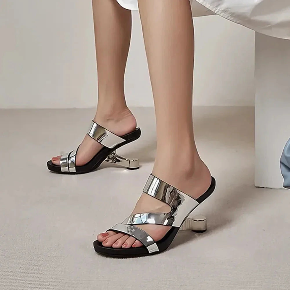 Genuine Leather Strange Style High Heel Slides in Silver color