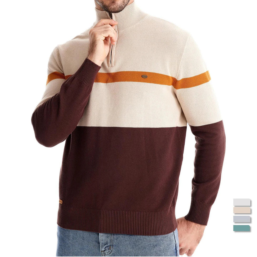 A stylish, slim-fit sweater in a modern colour-blocking design of Lake Green, White, and Grey, made with premium cotton for exceptional comfort and New Zealand casual style.