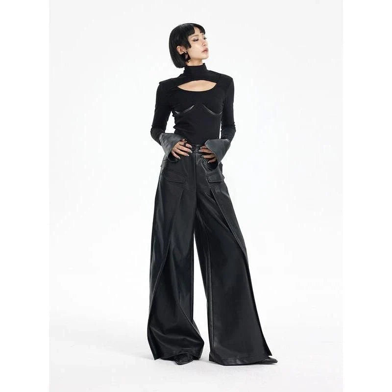 Stylish knitted pullover with PU leather patchwork, available in black and various sizes