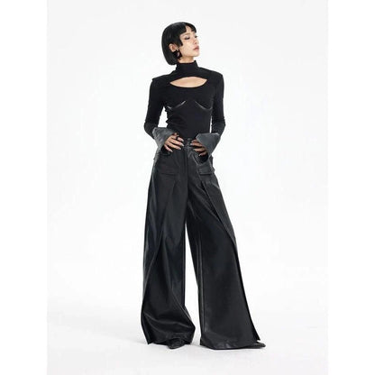 Stylish knitted pullover with PU leather patchwork, available in black and various sizes