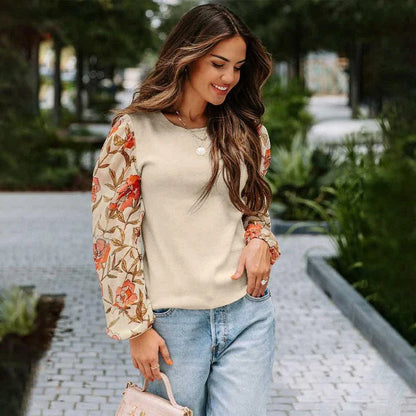 A stylish casual sweater with a printed lantern sleeve design, perfect for Kiwi women's autumn wardrobe