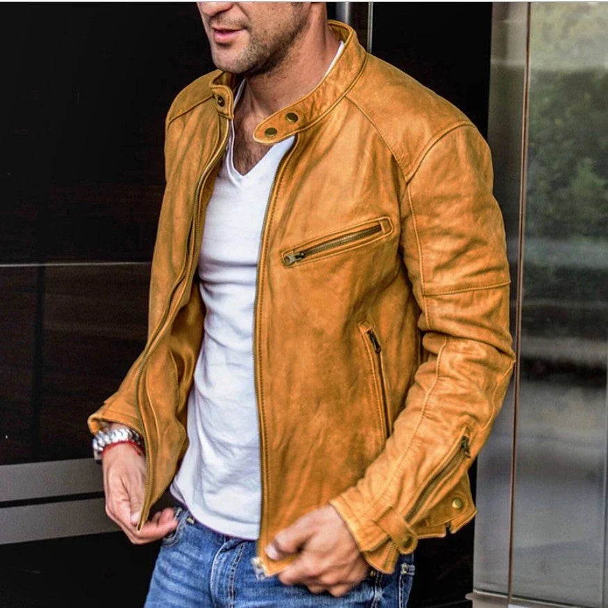 Stylish men's PU leather jacket with stand collar, designed for the active Kiwi lifestyle