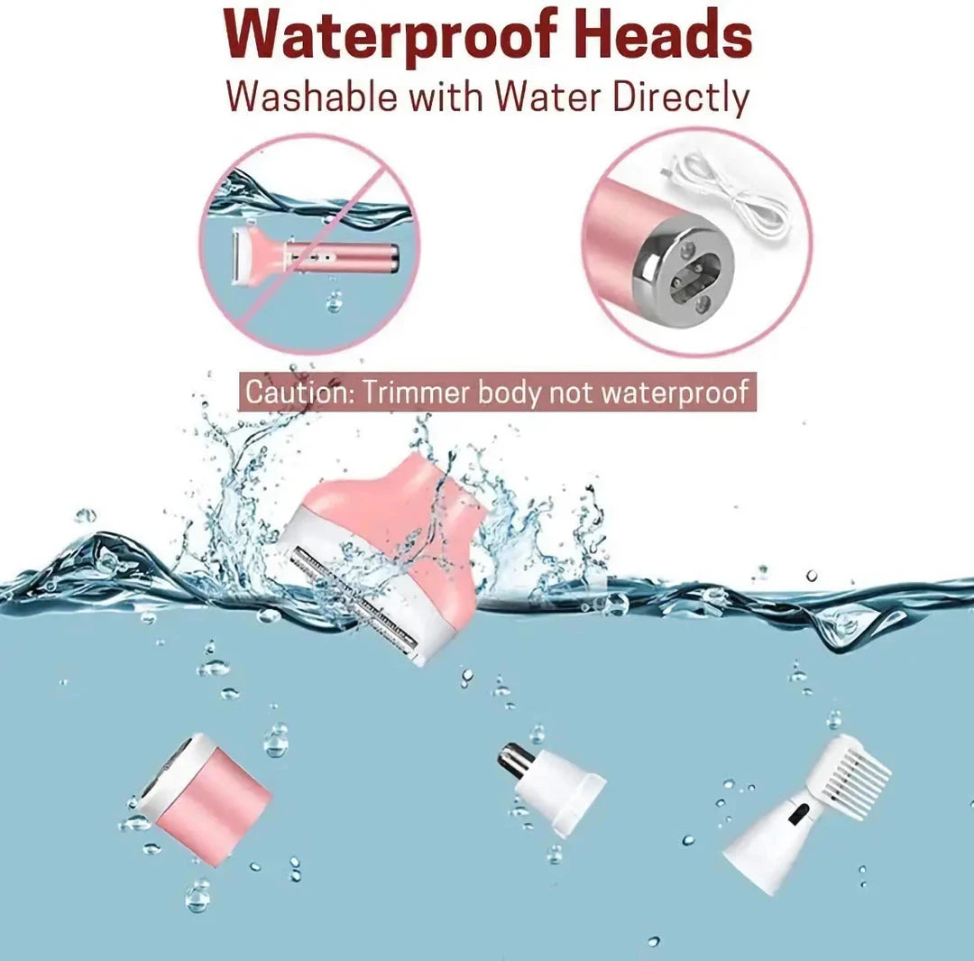 4-in-1 Electric Lady Shaver with four interchangeable heads for versatile hair removal and exfoliation