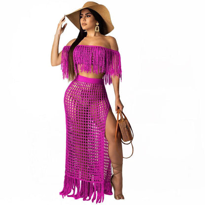 Stylish off-shoulder beach skirt suit with handcrafted tassels, available in black, white, and rose red colours
