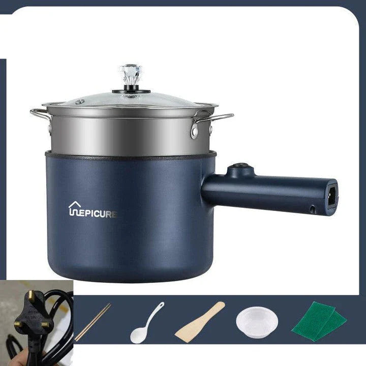 Versatile electric cooker in Emerald Green and Sapphire Blue colours, featuring manual and smart pot models with steaming grids for a range of cooking functions.