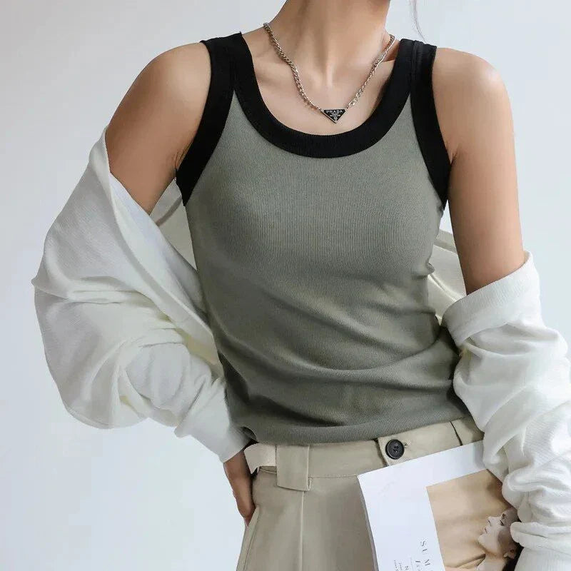 Knitted ribbed cotton camisole in army green color, designed for Kiwi women with a flattering, versatile silhouette.