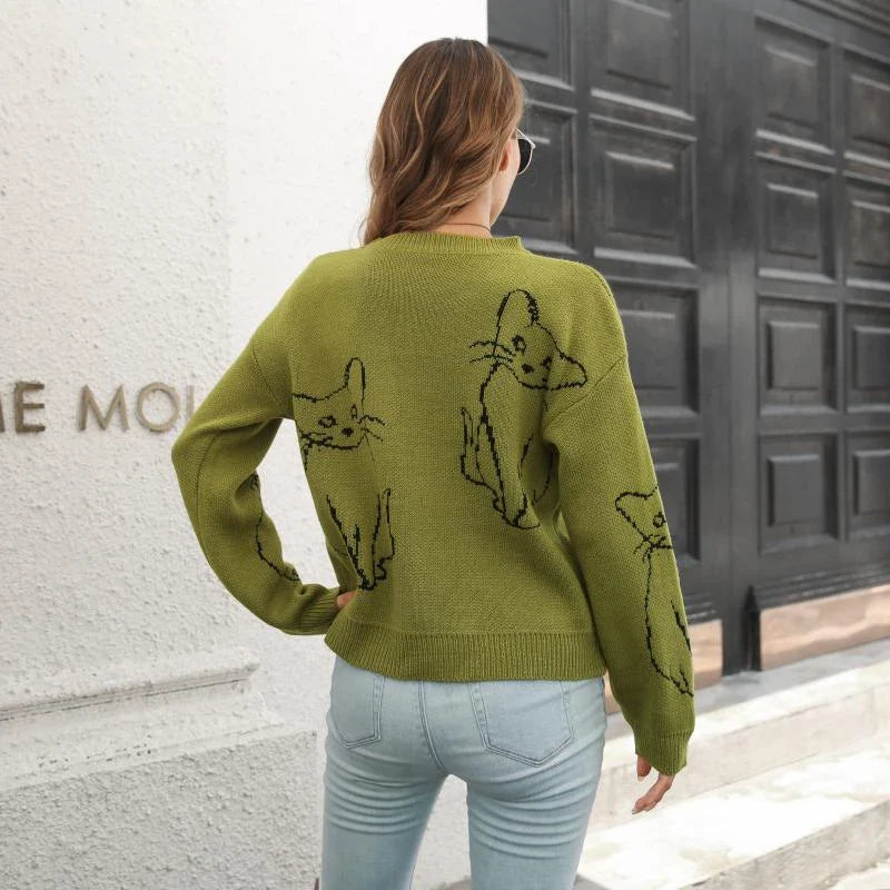 Relaxed-fit women's pullover sweater with cozy cat brocade pattern, perfect for autumn and winter in New Zealand